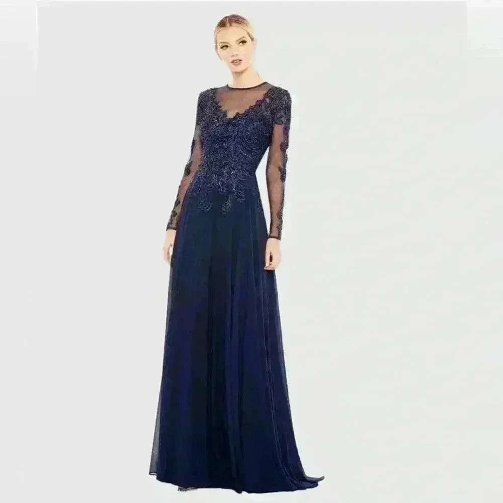MAC DUGGAL Beaded Applique Illusion High Neck Gown Size 12 NWT Style 20385